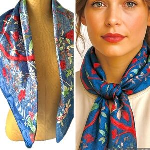 Luxury Silk Square Scarf Blue Red Floral Garden Print 35x35 | Elegant Chic Wrap